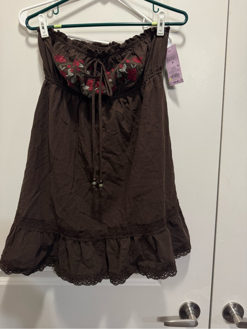 & Other Stories Brown Embroidered Strapless Cotton Chemise